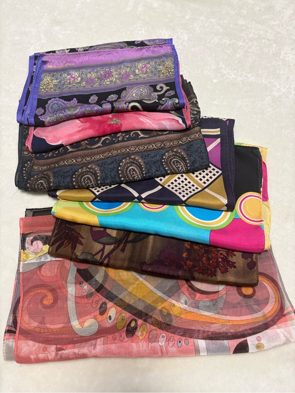 Vintage Silk Scarf Lot Bundle (7) Paisley Floral Geometric Designer Prints